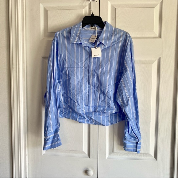 Simkhai Renata Cropped Button Down Shirt Wide Oxford Blue Stripe LARGE - Picture 4 of 6
